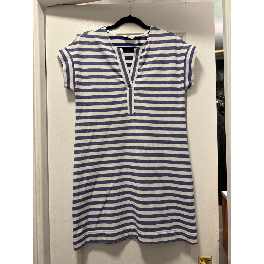 Vineyard Vines Womens Blue White‎ Striped Pique Split Neck Shift Dress Size S